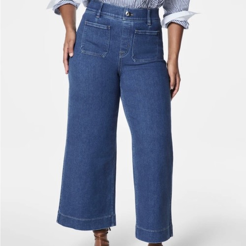 SPANX Wide Leg Denim Jeans Medium Wash Patch Pockets Large MSRP $168