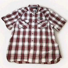 Harley Davidson Shirt Mens 2XL Red White Black Pearl Snap Button Up Patch Plaid