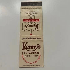 Kennys Restaurant Open 24 Hours Sacramento CA Vintage Matchbook Cover SMB35-5