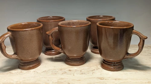 Set 6 Vintage 70's Frankoma Pottery Pedestal Mugs Scroll Handle Brown 4"