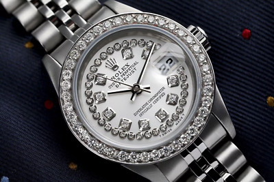 Rolex Datejust 26 mm Silver String Diamond Dial Stainless Steel Watch 69174