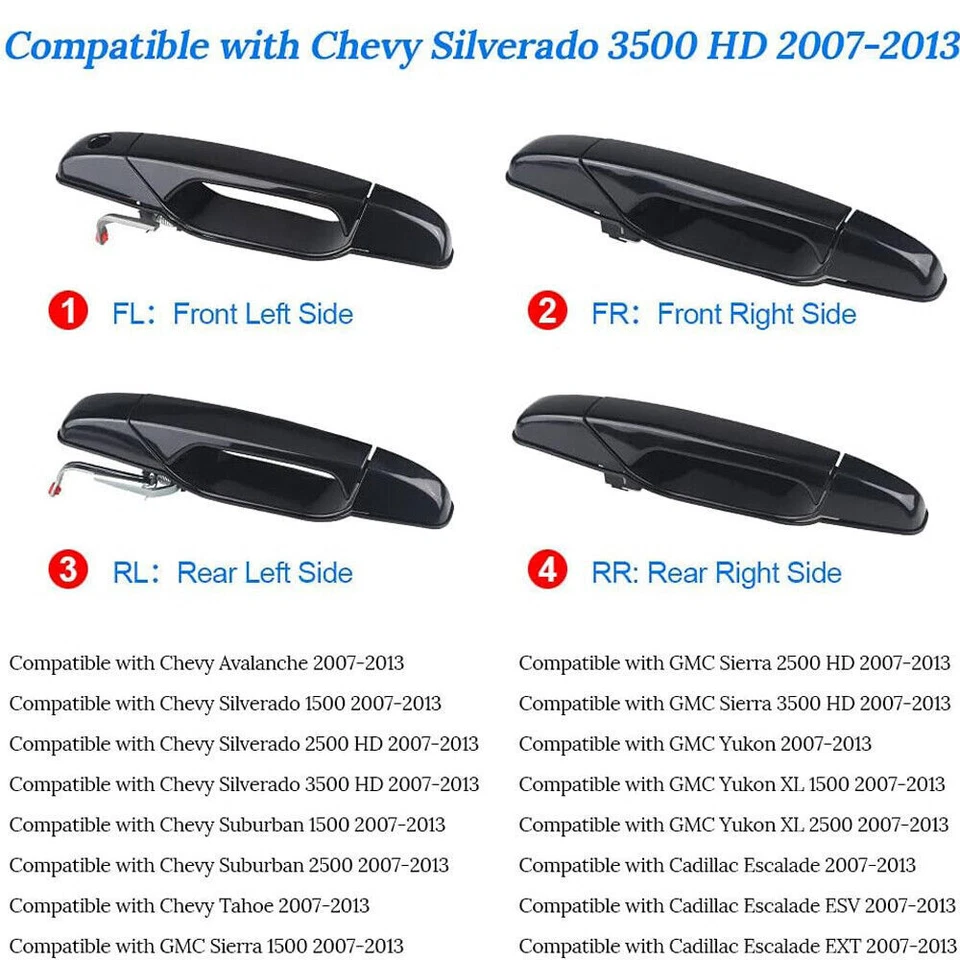 4PCS Door Handle Gloss Black Fit For 2007-2013 Chevy Tahoe Silverado Yukon — 第 2/4 张图片