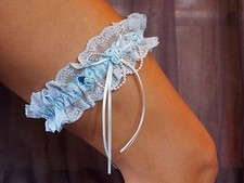  SALE  Wedding Garter Blue Lace Satin Ribbons Pearls Blue Crystal Love Hearts