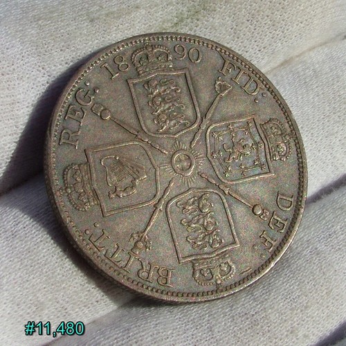 Great Britain Queen Victoria SILVER DOUBLE FLORIN 1890 ALMOST UNCIRCULATED AU - Picture 2 of 12