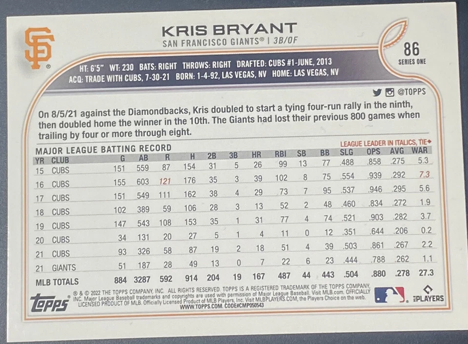 Kris Bryant 2022 Topps Exclusive Gold Star Parallel - Image 2 of 2