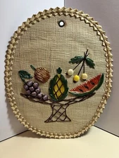 Vintage Mid Century MCM Raffia Palm Woven FRUIT Wall Hanging Art Pineapple Grape