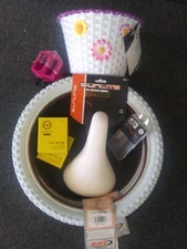 bmx. seat, basket, pedals, tires 16x 1.75--, tubes & tube kit