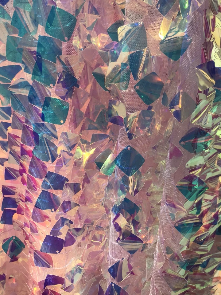 CLEAR IRIDESCENT SEQUINS-DRAGON SCALES EMBROIDER ON A MESH-SOLD BY THE YARD. - Image 2 of 4
