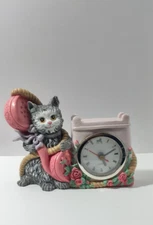 Clock Resin Cat Figurine Mantel Desktop "Playful Kitten Answering Phone"