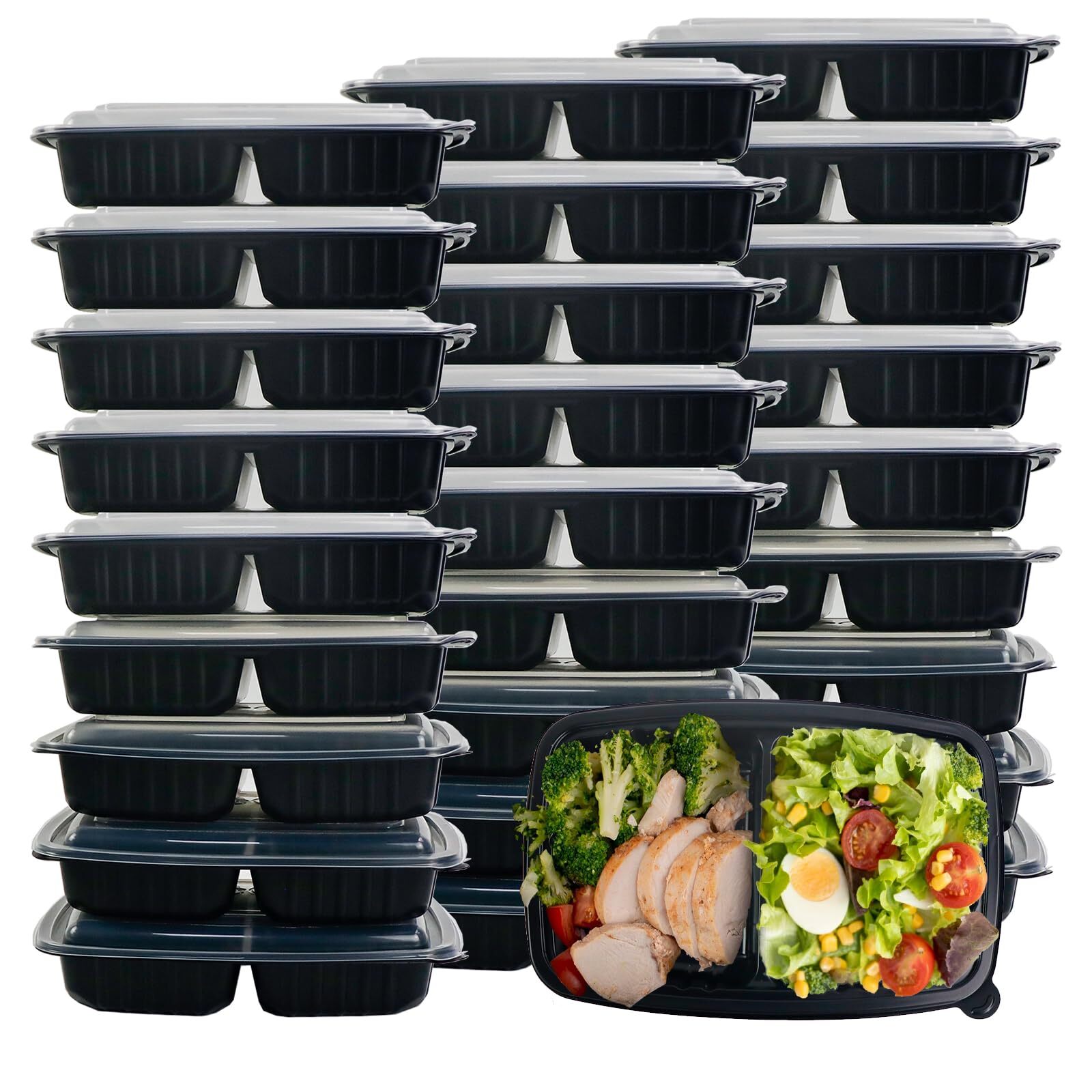 140-Piece Reusable Meal Prep Containers – 70 Pack 2-Compartment Black Food Storage Set
