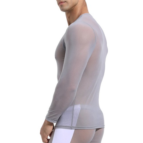 T-shirt uomo sexy maglia vedere attraverso canotta a rete muscoli maniche lunghe - Foto 19 di 37