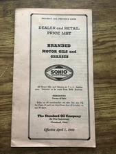 Early 1940 SOHIO Petroleum Products Motor Oil Grease Price List STANDARD OIL CO 