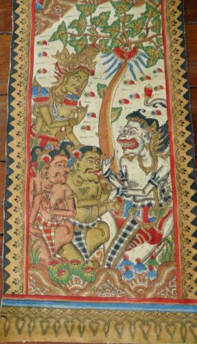OLD TRADITIONAL KAMASAN BALINESE RELIGIOUS PAINTING ON CLOTH SIGNED - Picture 3 of 7