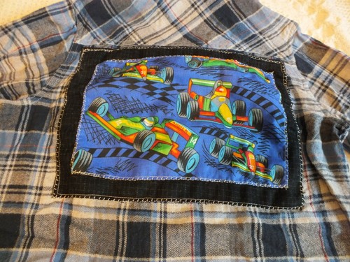 Upcycled Repurposed Flannel Shirt Boys Small Departwest Blues Race Car Applique - Picture 2 of 5