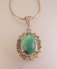 Vintage Turquoise Crystal Sterling Silver Pendant 20" Snake Chain Necklace