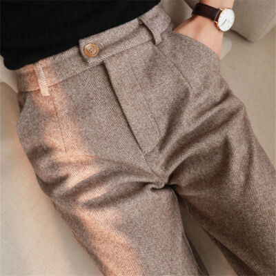 Womens High Waist Wool Blend Tweed Pants Casual Straight Slim Fit