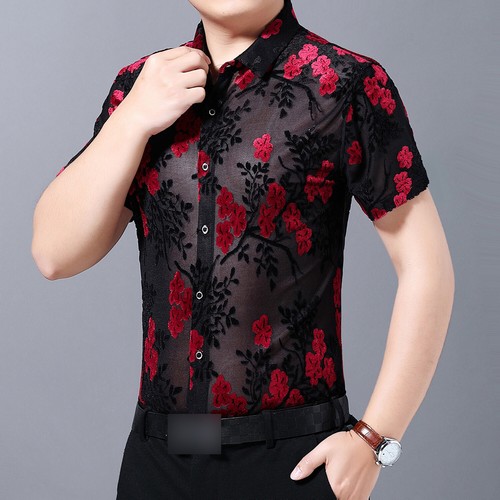 Mens Floral See Through Lace Casual Button Down Summer Short Sleeve Shirts Urban - Bild 15 von 26