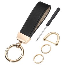 Leather Wristlet Keychain, 5" Car Key Chain with Key Ring and D Ring, Black