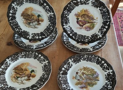 6 ROYAL WORCESTER PALISSY WILDVÖGEL SPEISETELLER, DURCHMESSER 25 CM.