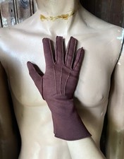 Vintage 50s 60s Brown Gloves Fabric Flared Embroidered Stitching Size 7