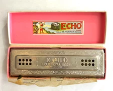 VINTGE M. HOHNER GERMANY THE ECHO HARP 6 1/2" DOUBLE REED HARMONICA ORIGINAL BOX
