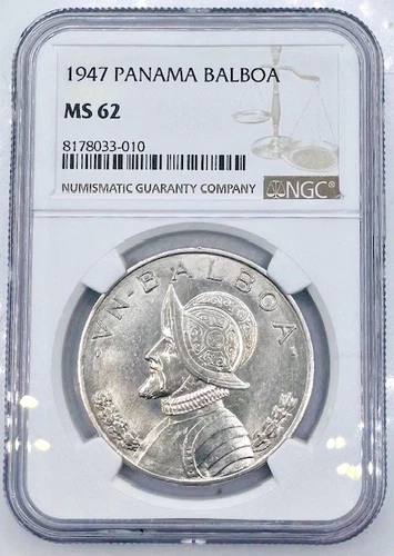 1947 PANAMA SILVER 1 BALBOA VASCO NUNEZ DE BALBOA 🔥NGC MS 62🔥