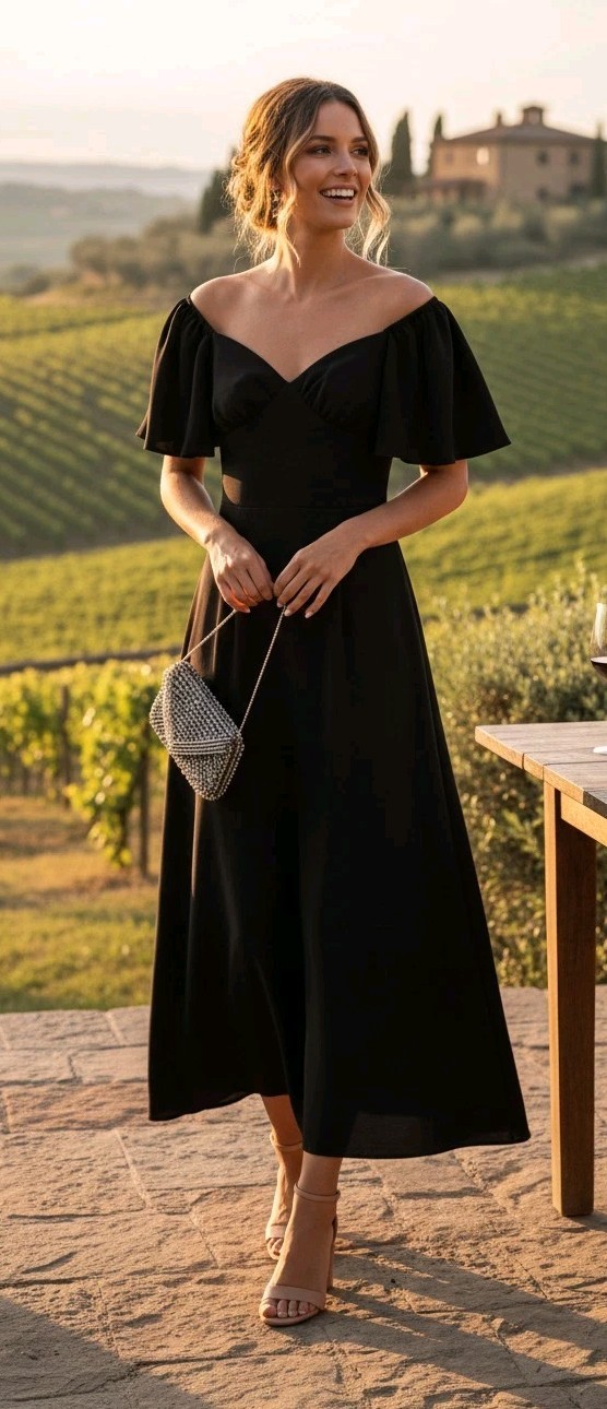 Phiscia Black Midi Dress XL Flutter Sleeve Sweetheart Neck Wedding Guest Satin