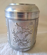 Antique Vintage Chinese Pewter Tea Caddy Canister Four Gentlemen Double Lid