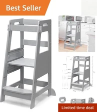 Bamboo Toddler Step Stool - Height Adjustable Kitchen Helper for Ages 18 +