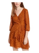BCX Womens Orange Tie 3/4 Sleeve V Neck Mini Faux Wrap Dress XXS