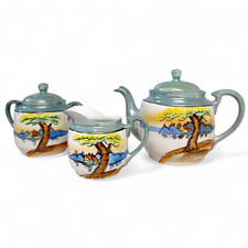 3pc Mid-Century Lusterware Cream  Sugar Containers  Teapot Japan