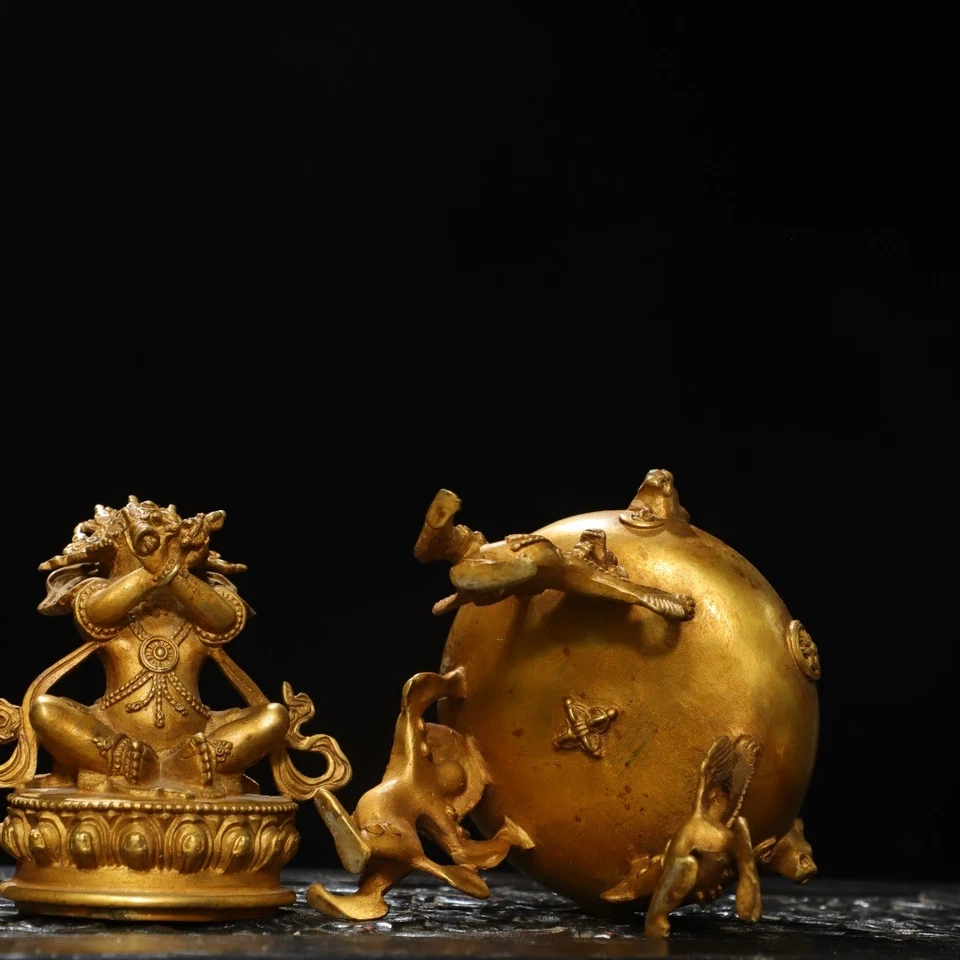 8.3" China Old Antique Tibetan Buddhism Bronze Gilt Mahakala Incense Burner - Image 3 of 4