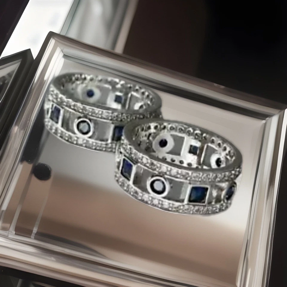 Anillo de compromiso de boda de circonita cúbica de zafiro corte princesa y redondo de 1,75 quilates placa de plata talla 8 Foto 3 de 4