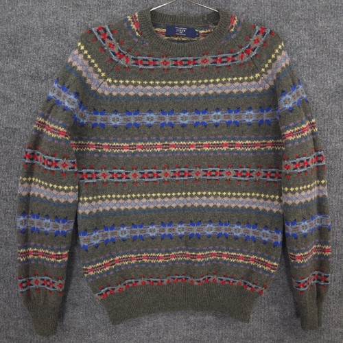 J Crew Lambswool Sweater Mens S Gray Colorful Fair Isle Nordic Crewneck Pullover
