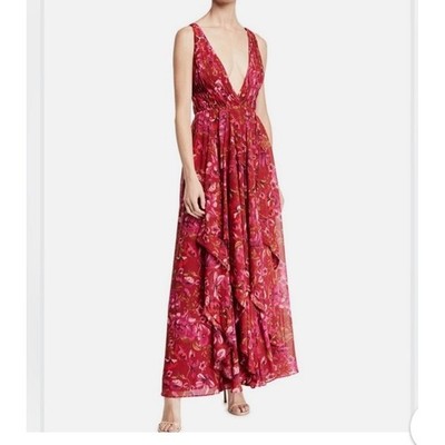 Fame and Partners Red Floral Deep V-Neck Lace Up Back Maxi Dress Size 0 |  eBay