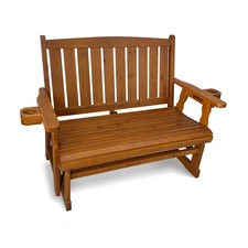 Wooden Patio Glider for 2, with Cup Holders, High Back and Deep Contoured Seat