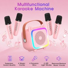 Kids Karaoke Machine 4 Wireless Microphones Bluetooth LED Pink Toy Gift Ages 3 