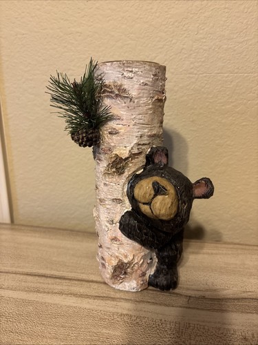 Tree Stump with bear candle Tea Light holder 9.5” Tall Rustic Woodland