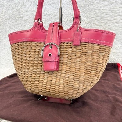 Coach L3K-6271 Vintage Hobo Straw Woven Hand Bag Pink Leather Trim