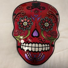 Day of The Dead Sugar Skull Resin Hanging Halloween 11x8 Inches Red Decor