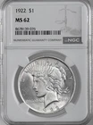 1922-P  $1 PEACE SILVER DOLLAR  "PHILADELPHIA MINT"  NGC MS62 #8678139-076