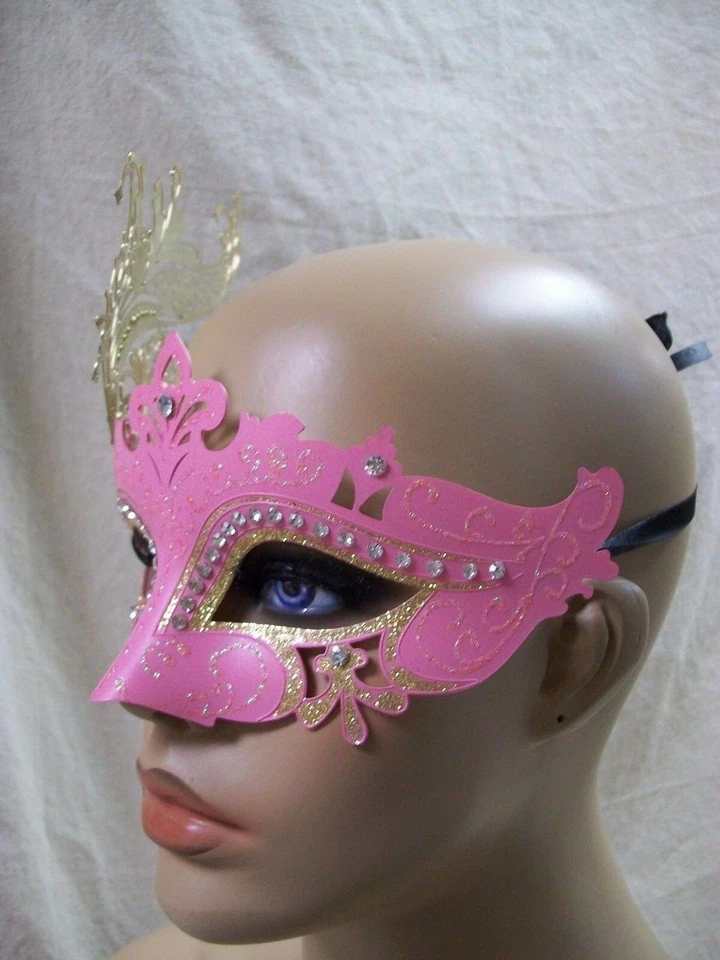 Fancy Pink Eye Mask Gold Metal Feather Filigree Swan Renaissance Masquerade Ball - Image 4 of 4
