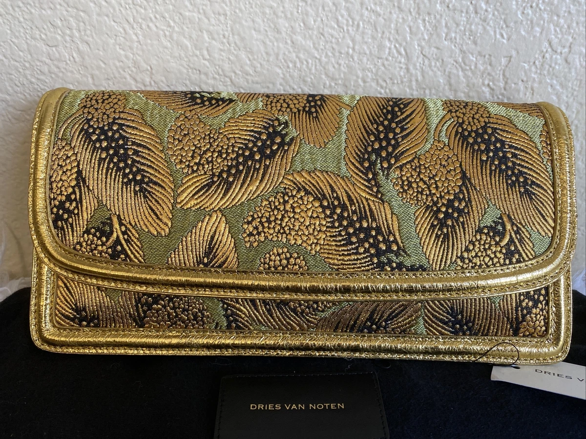 Dries Van Noten Metallic Gold Leaf Leather Brocade Clutch Bag NEW