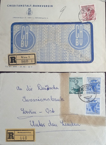 AUSTRIA 1954-1963 DOS SOBRES REGISTRADOS CON ETIQUETAS - Imagen 1 de 2