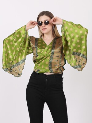 Women's Printed Tie Front Ruffled Bell Sleeve Crop Top Blouse Assorted Lot