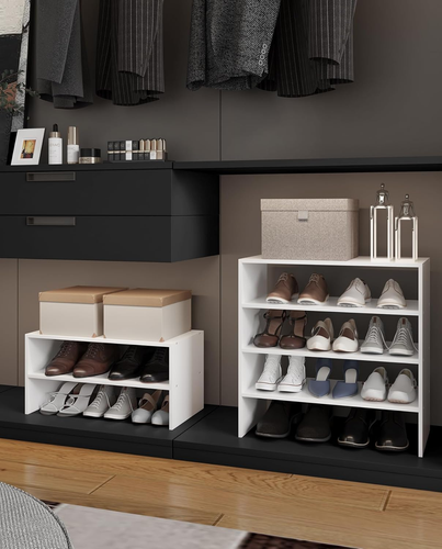 2-Tier Stackable White Shoe Rack, Wooden 2-Shelf Shoe Organizer Freestanding Sho - Picture 6 of 12