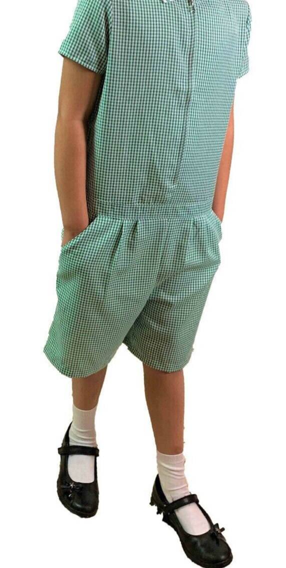 GREEN PLAYSUIT School Uniform Summer Gingham Girls School Dress. Ages