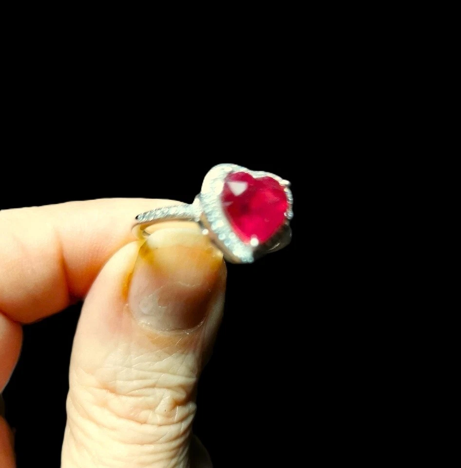 NATURAL RUBY + CZ 925 STERLING SILVER 14K WHITE GOLD PLATED RING - Immagine 3 di 4