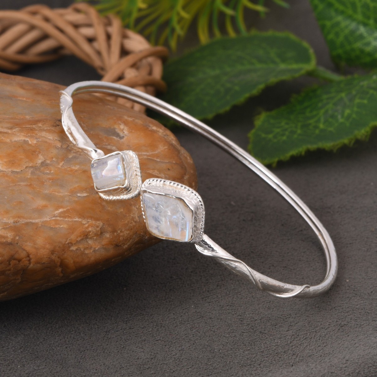 Antique Designer Cuff Bangle 925 Silver With Raw Moonstone