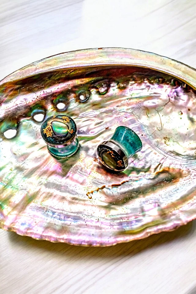 {24K } Tapones de resina con carcasa de abulón natural con escamas de oro reales de 24K ~ Medidores Foto 4 de 4